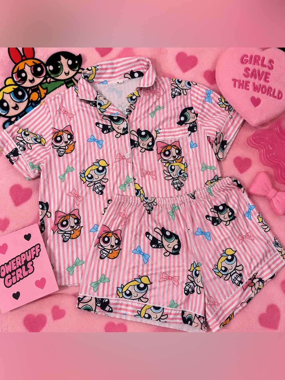 Powerpuff Girls Pink Striped Pajama Set Top & Shorts Size XL
